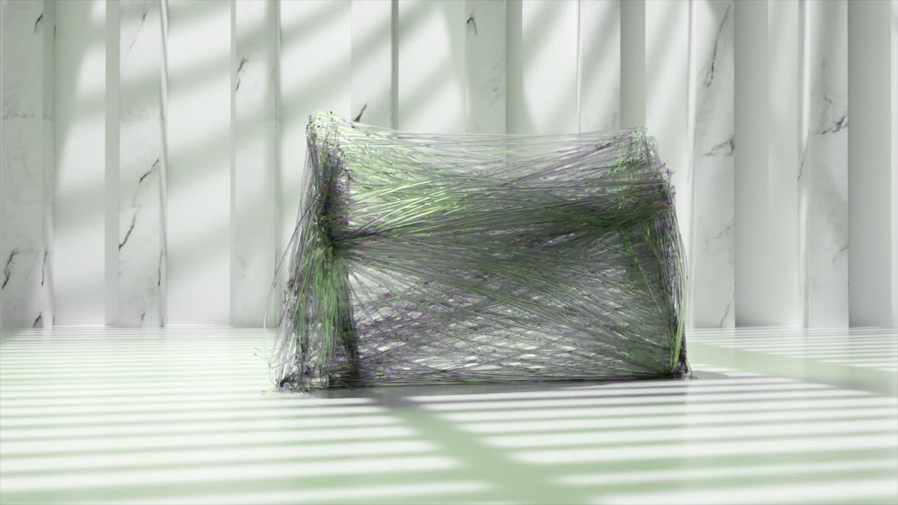 현대적인 인테리어에서 투명한 선을 가진 추상적인 3d 렌더링 상자