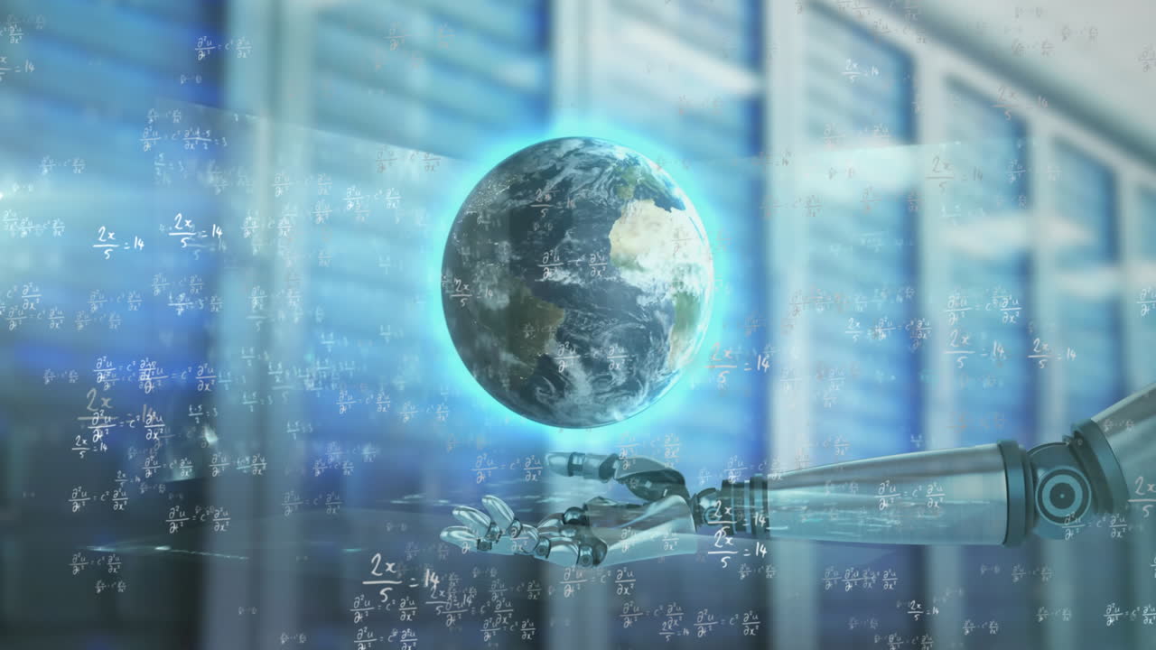 Animation of globe, robot's arm, data processing over computer servers