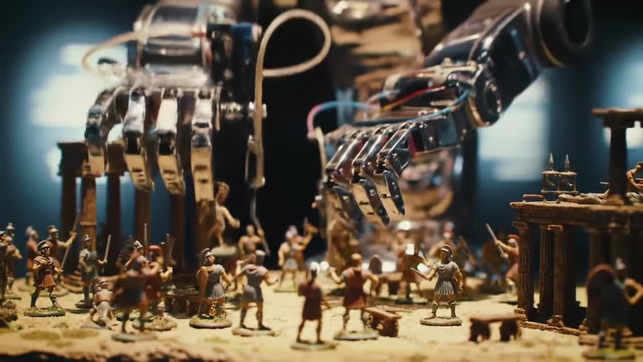 A Giant Robotic Hand Engages with a Miniature Ancient Battle Scene, Showcasing the Contrast Between Technology and History in a Unique Display of Art and Imagination