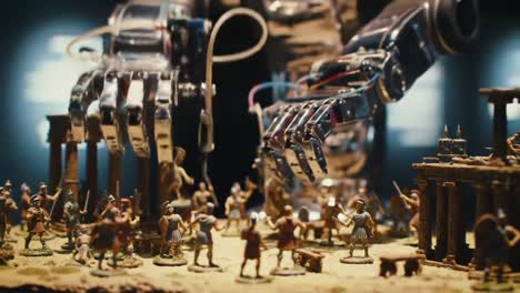 a giant robotic hand engages with a miniature ancient battle scene, showcasing the contrast between technology and history in a unique display of art and imagination