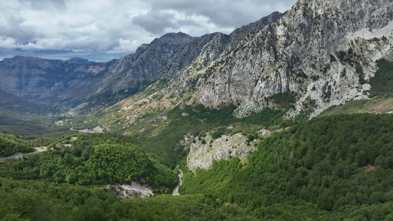 Drone view of a mountain range in the Albania Alps near Teth.