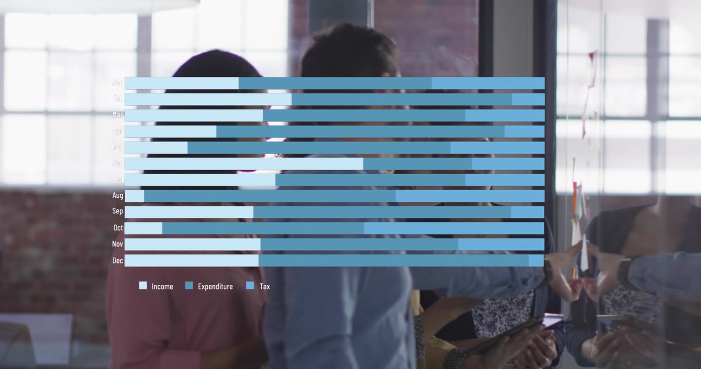 Animation of data processing over diverse business people at meeting
