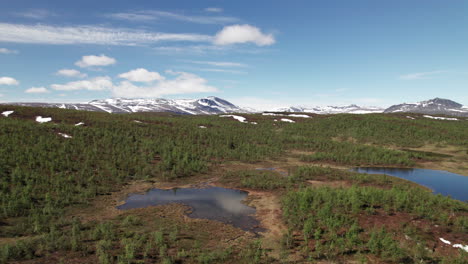 Vista-Aérea-De-La-Impresionante-Montaña-Sueca-Y-El-Paisaje-De-La-Tundra-Del-Lago,-El-Norte-De-Suecia,-Laponia,-Sendero-Kungsleden,-Verano