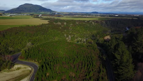 Aerial-drone-shot-of-Green-forest-with-road-and-blue-river