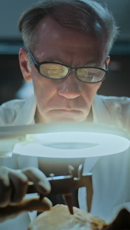 scientist examining a specimen under magnifying glass