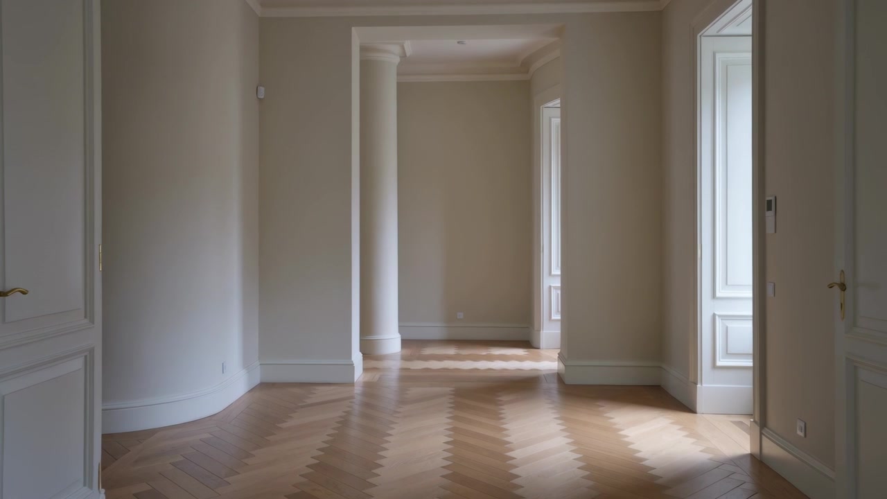 Telecamera in movimento che si sposta da un'inquadratura ampia attraverso il corridoio vuoto di un appartamento, rivelando il corridoio e il parquet.