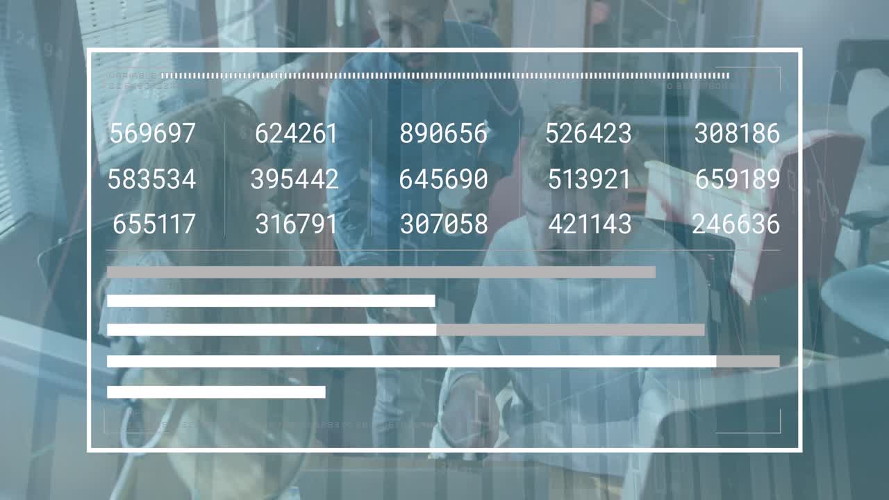 animación de la interfaz con el procesamiento de datos estadísticos sobre diversos colegas que discuten en la oficina