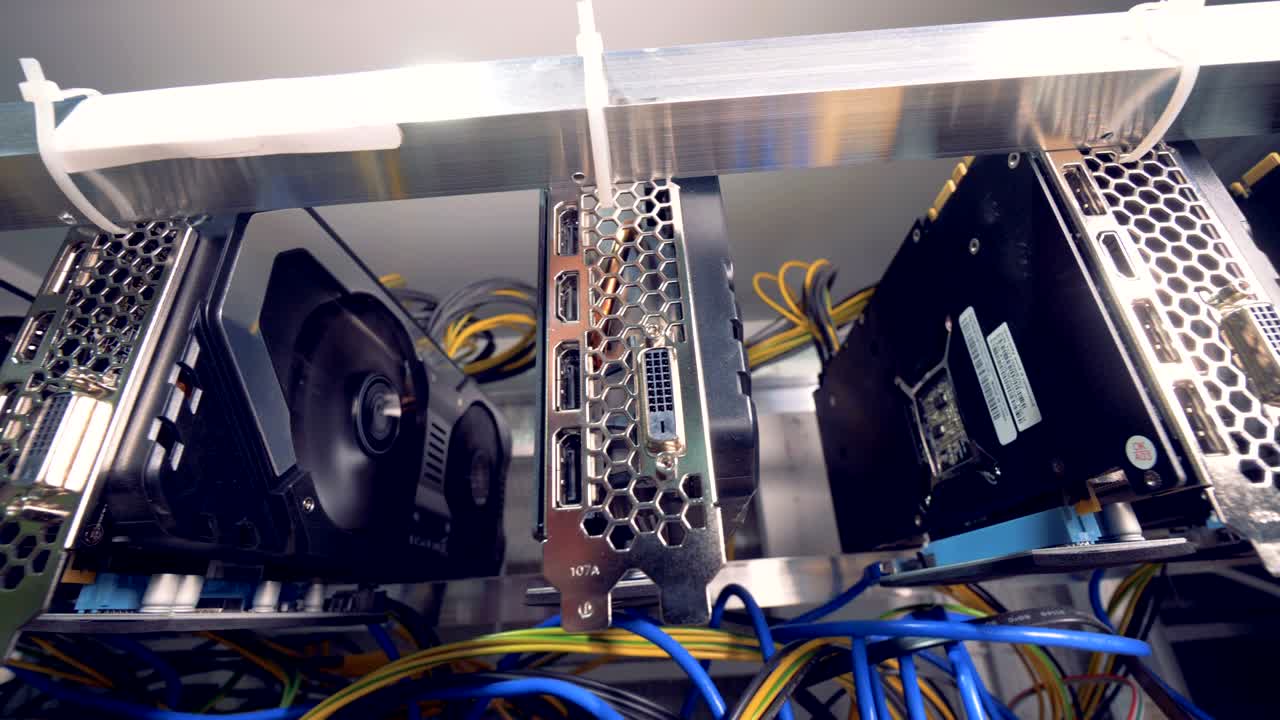 Lots of graphic cards for bitcoin mining in criptocurrency process.