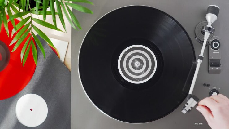 Turntable vinyl record player on a wooden table. Red plate. Included gramophone and torque plate closeup. Hand girl with a bright accessory puts needle on vinyl record