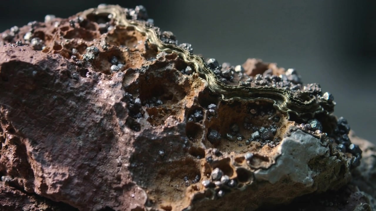 Pulling back camera revealing porous rock specimen in studio, showing metal granules and wavy vein