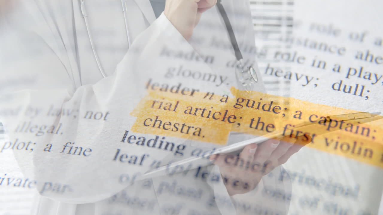 Holding clipboard, doctor over dictionary text animation highlighting leader