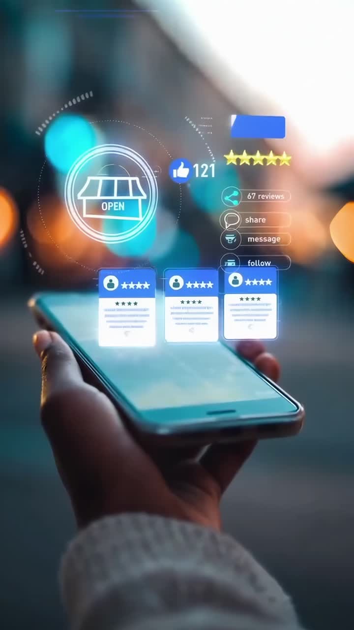 Hand Holding Smartphone with Augmented Reality Customer Reviews and Store Information