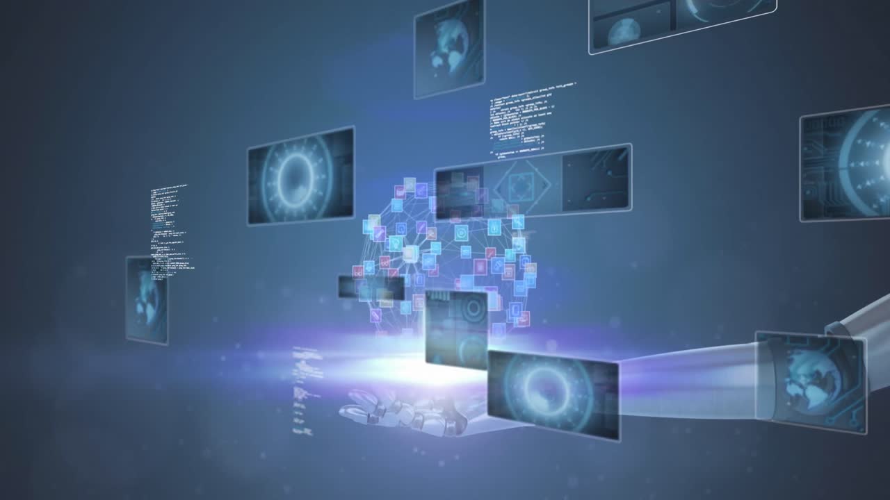 Animation of robots hand, scopes and data processing on dark background