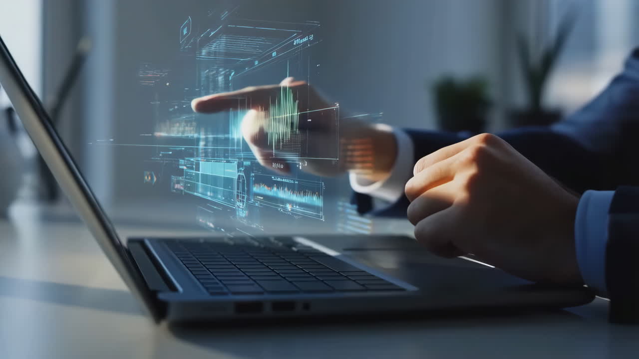 Laptop displaying futuristic technology hologram