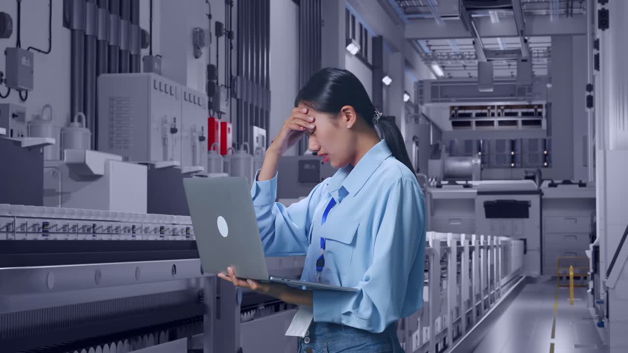 Side View Of Asian Female Professional Worker Use Laptop At Pharmaceutical Factory, Vaccine Production Facility,  She Is Nodding Her Shead With Dissapionted