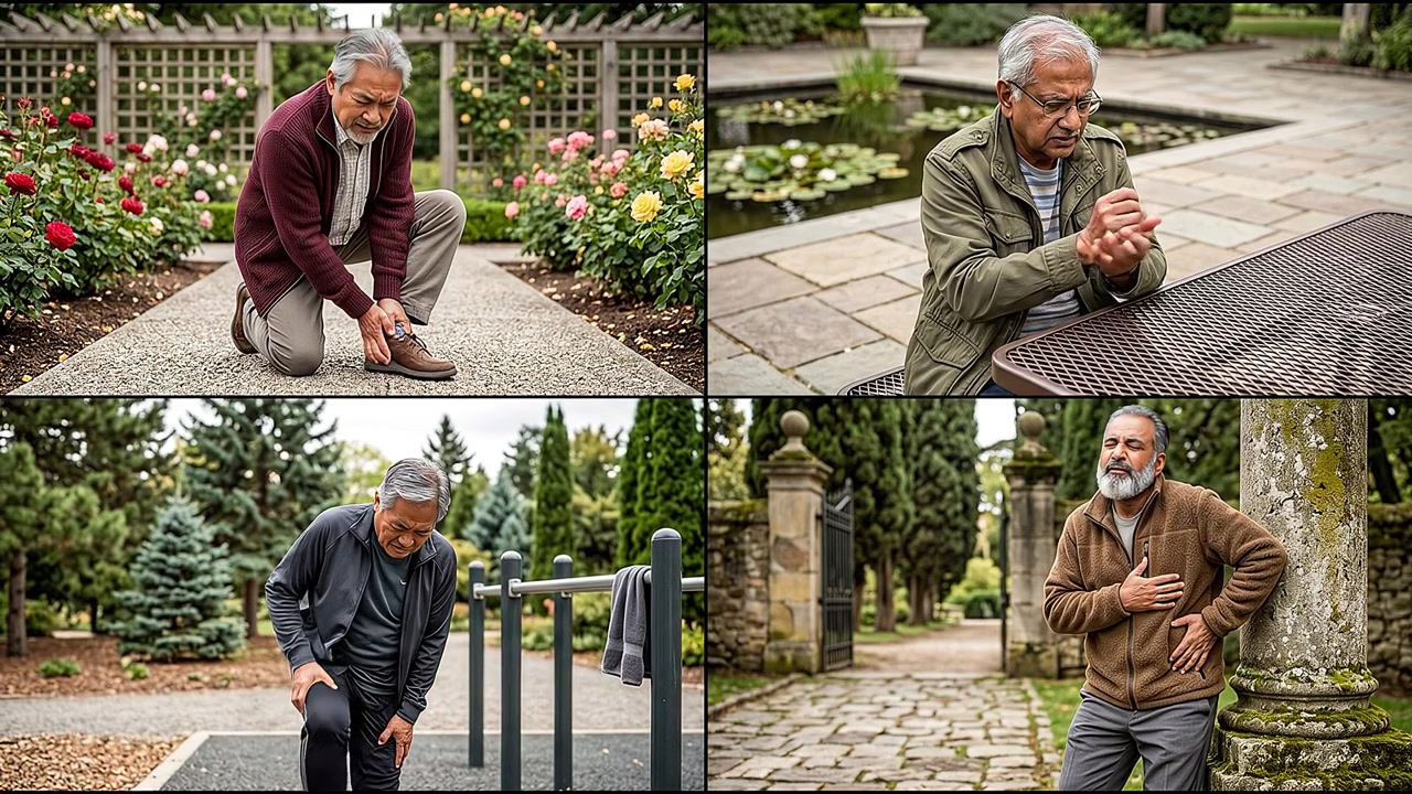 Senior adult experiencing back or knee pain during daily activity and recovery process
