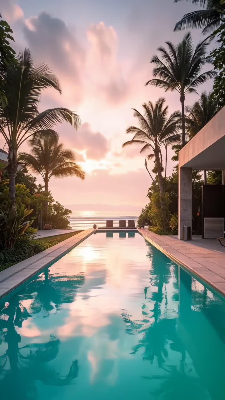 Luxury Infinity Pool with Sunset Ocean View and Palm Trees