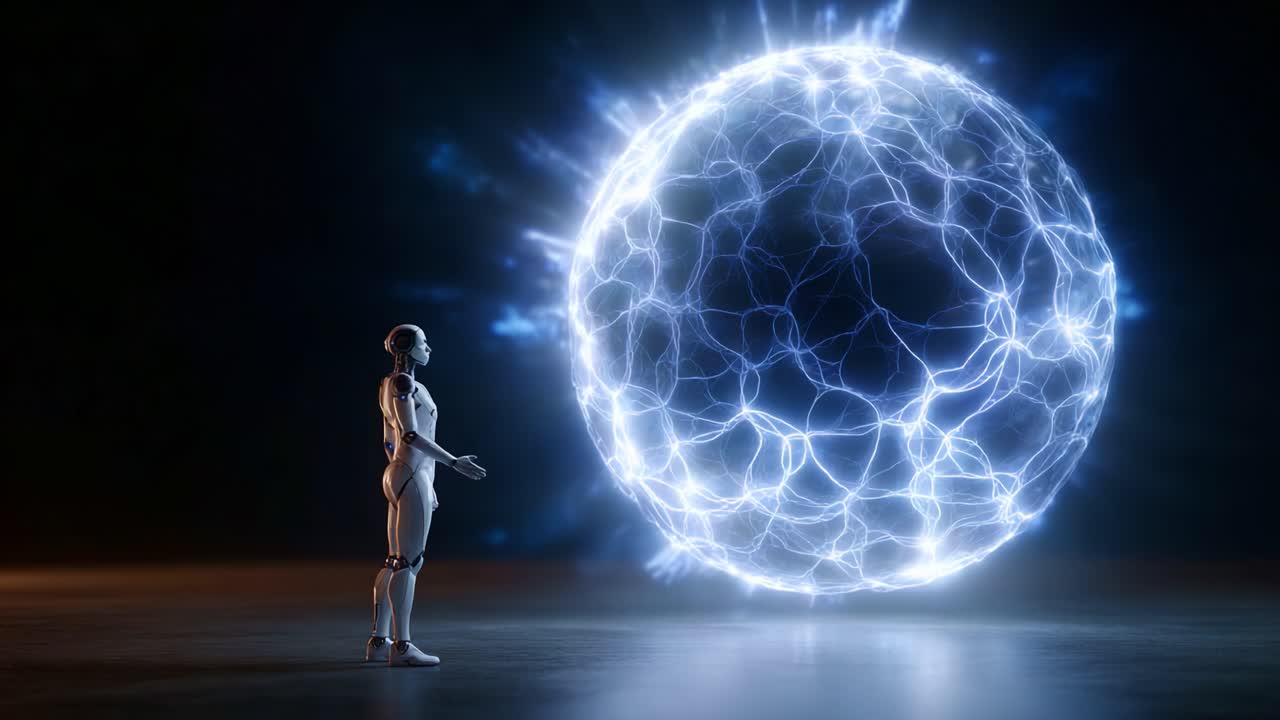 Un robot umanoide interagisce con una sfera elettrica luminosa, mostrando la convergenza tra tecnologia ed energia in un'affascinante scena futuristica