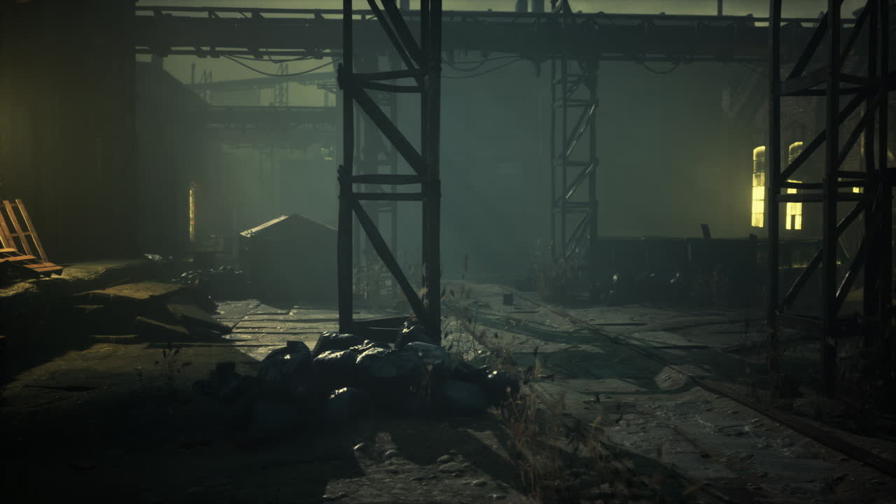 escena nocturna de una fábrica abandonada