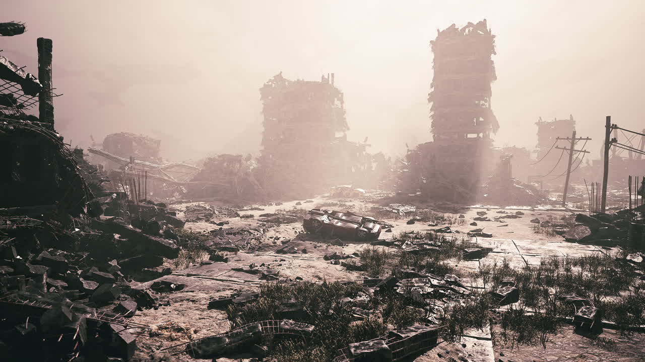 Ruins of a desolate urban landscape after catastrophic event in muted tones