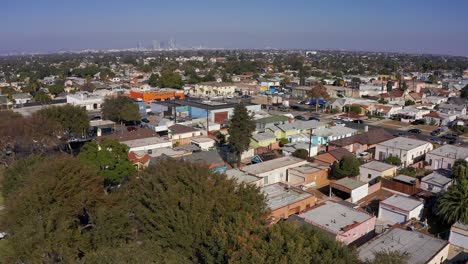 low aerial panning shot over a south la neighborhood