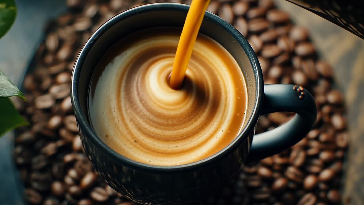 Close-up, top-down video shot of coffee being poured into a mug, surrounded by coffee beans