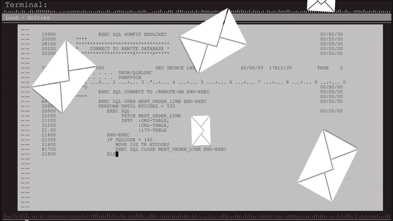 Animation of email envelope icons and data processing on computer screen in background