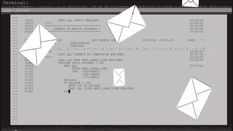 animación de iconos de sobres de correo electrónico y procesamiento de datos en la pantalla de la computadora en segundo plano