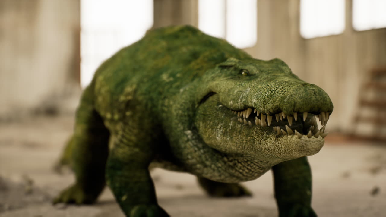 Crocodile exploring an abandoned space with overgrown vegetation