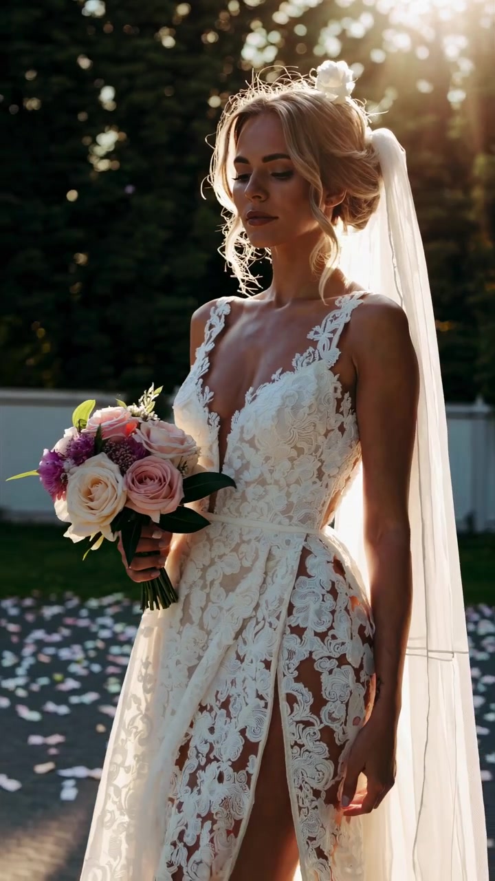 Bella sposa con bouquet durante l'ora d'oro