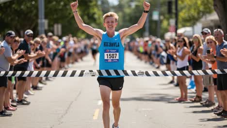 runner crosses the finish line in triumph