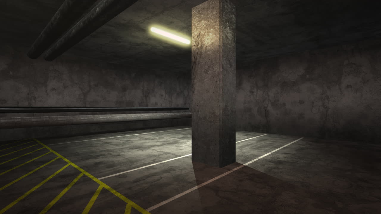 빈 지하 차고에 있는 모션 카메라의 파노라마