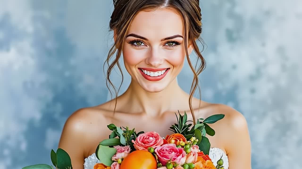 Una donna con un vestito da sposa che tiene un bouquet di fiori