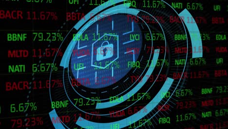 animación del procesamiento de datos del mercado de valores a través de un candado de seguridad en un escáner redondo