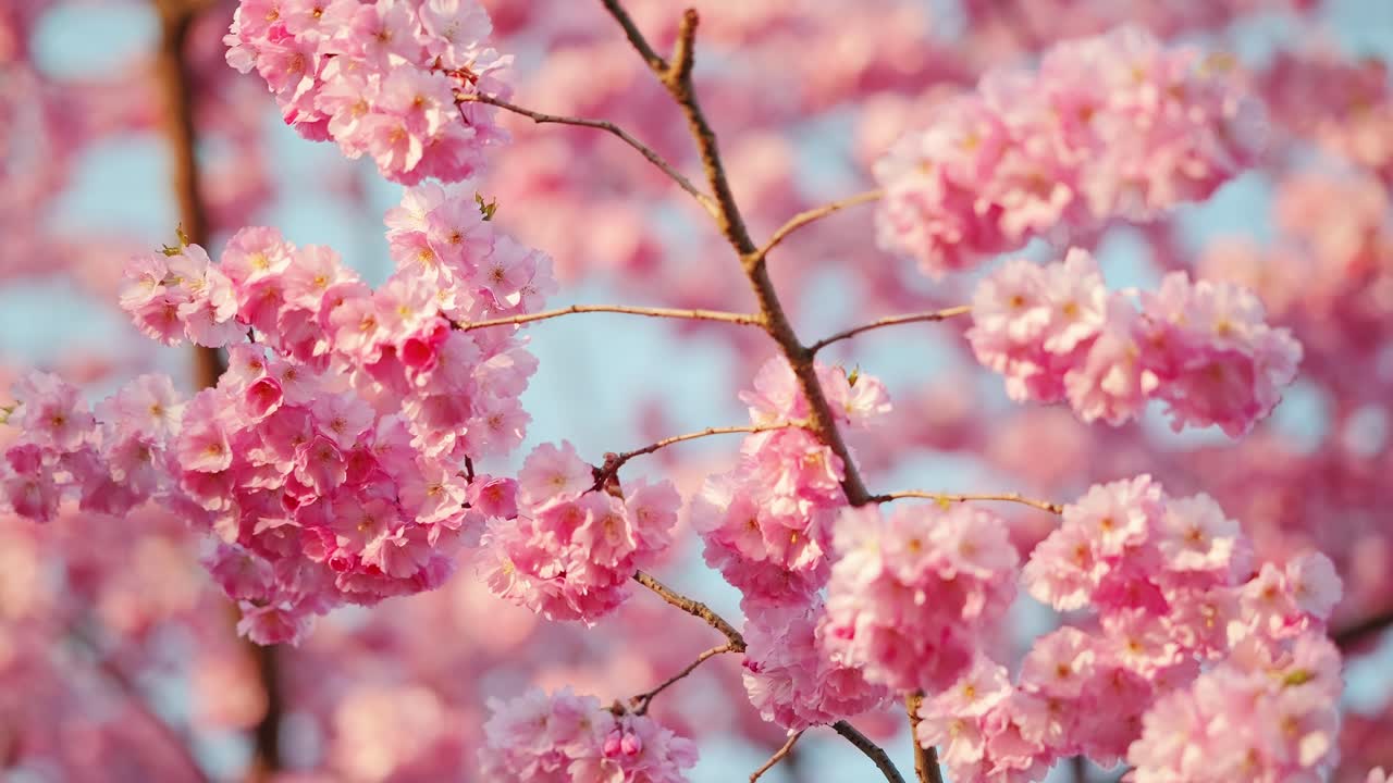 Delicate pink cherry blooms shimmer, sunlight, evoking lightness, natural beauty
