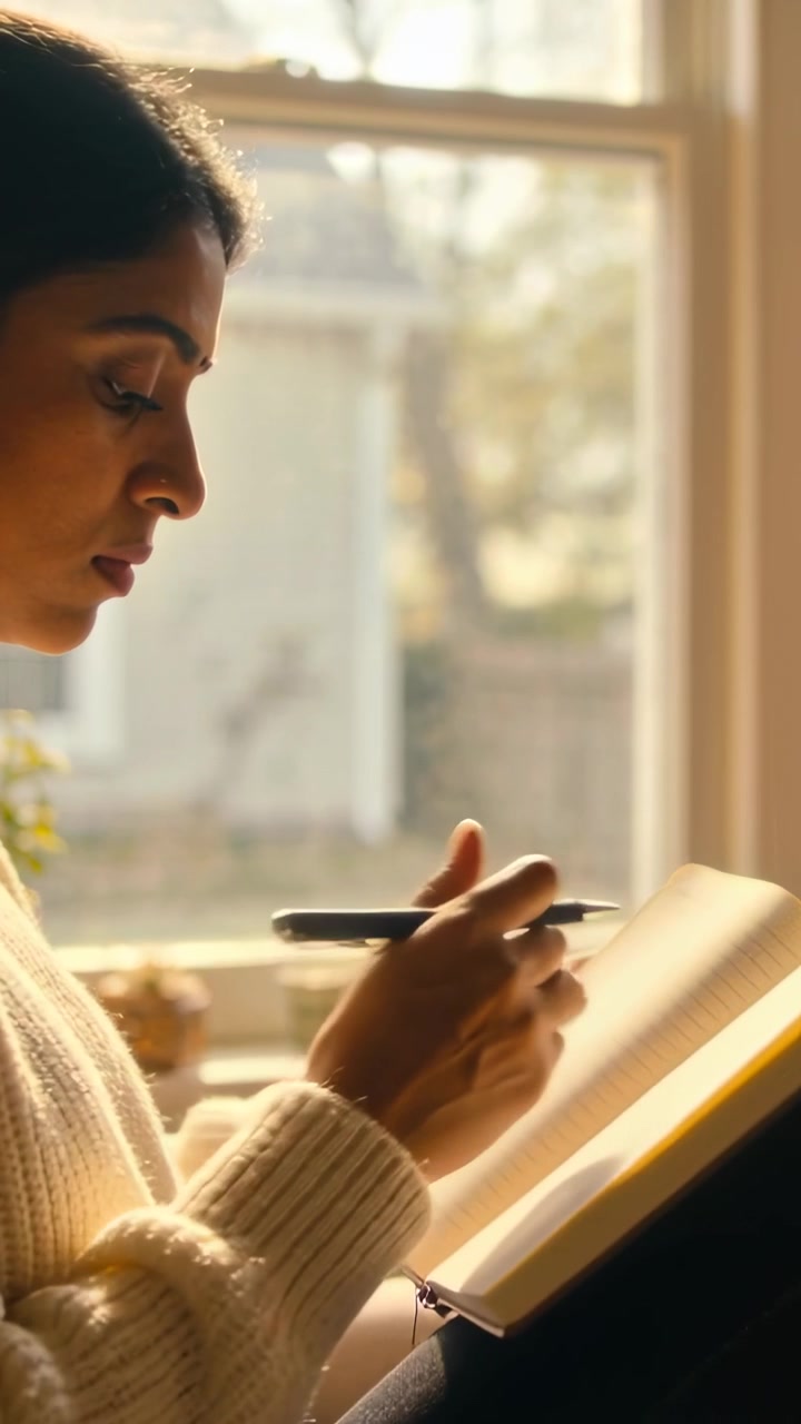 Vertical video: Starting with pen poised, woman in cream sweater taking notes in notebook by window