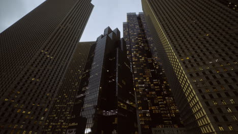 skyscrapers towering against a twilight sky in an urban landscape