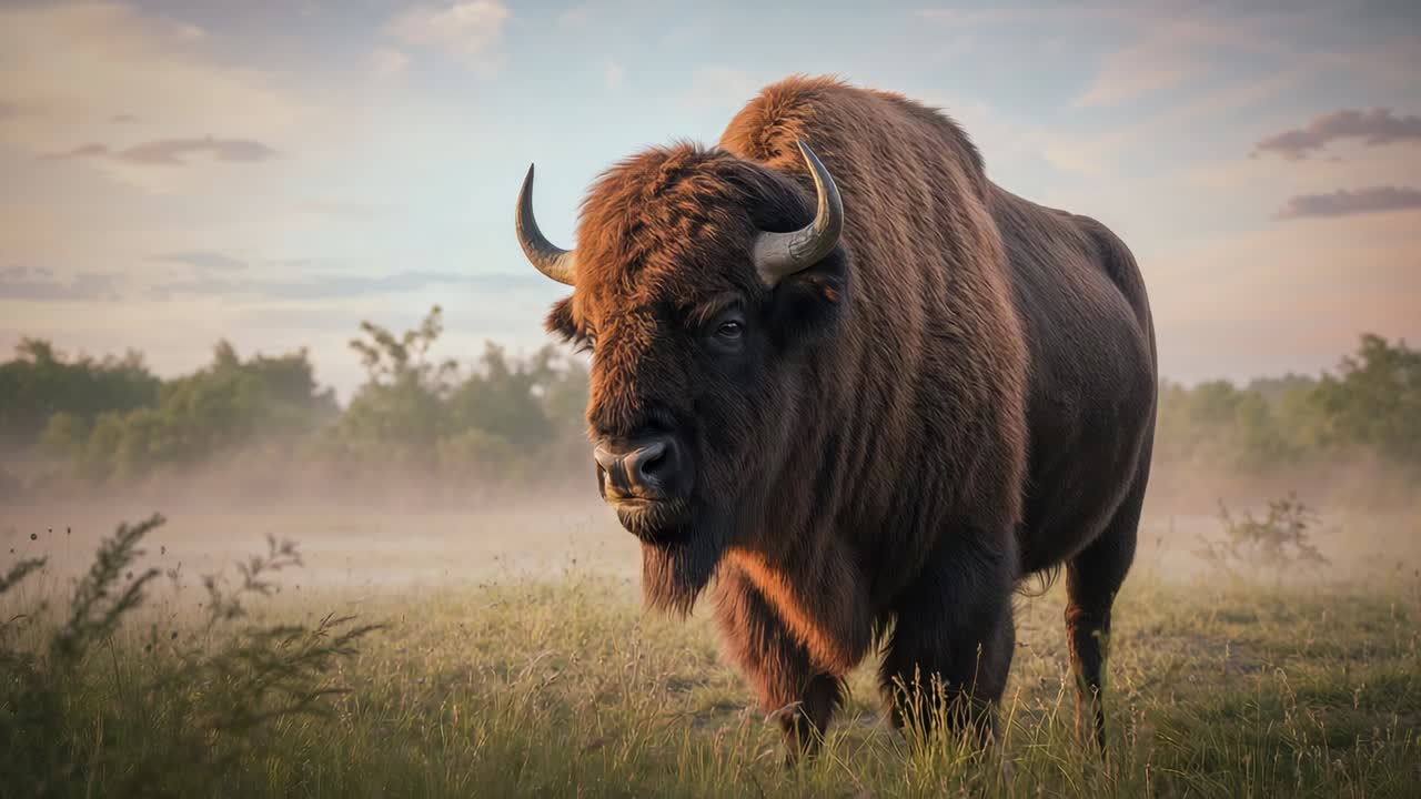 Lifting head and stepping, adult American bison moving across misty prairie with short grasses