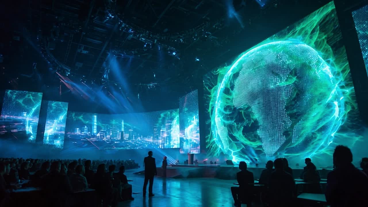 Innovative technology presentation in a futuristic conference venue