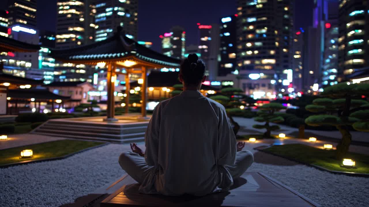 Individual in serene meditation posture surrounded by tranquil garden and city skyline, showcasing peaceful night ambiance and reflective moment of mindfulness