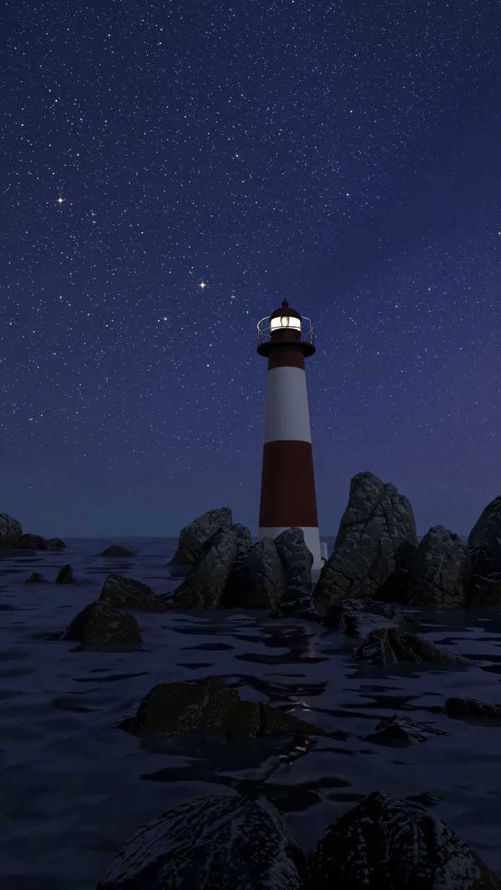 A serene night scene of a lighthouse casting light over rocky shores under a starry sky