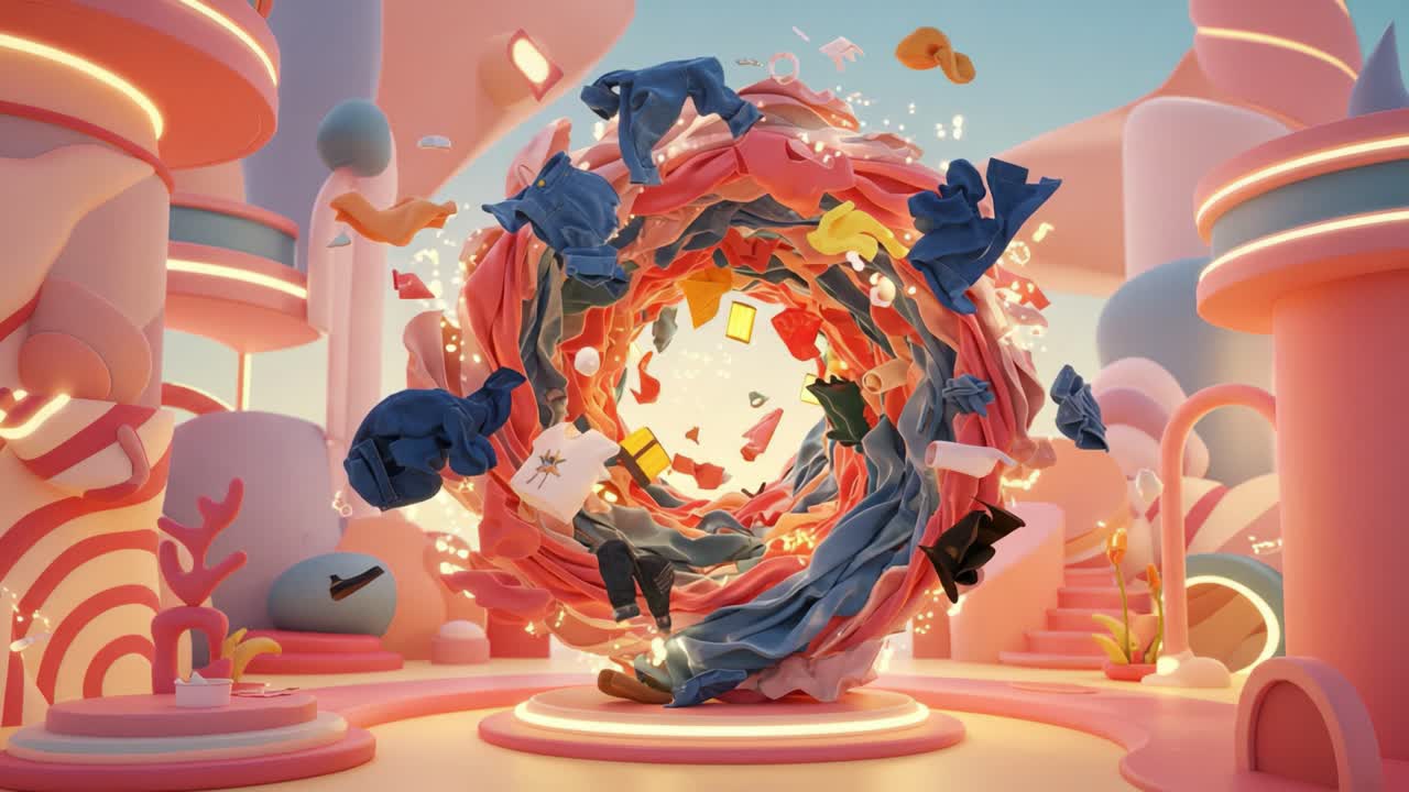 A Vibrant Whirlwind of Clothing and Color: An Imaginative Scene Where Garments Burst Out in a Playful Display of Movement and Creativity in a Surreal Environment