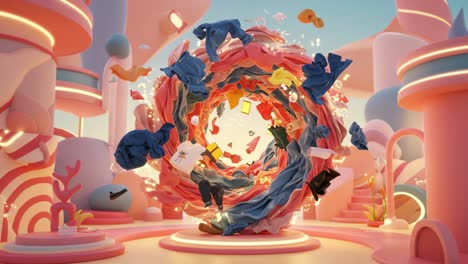 a vibrant whirlwind of clothing and color: an imaginative scene where garments burst out in a playful display of movement and creativity in a surreal environment