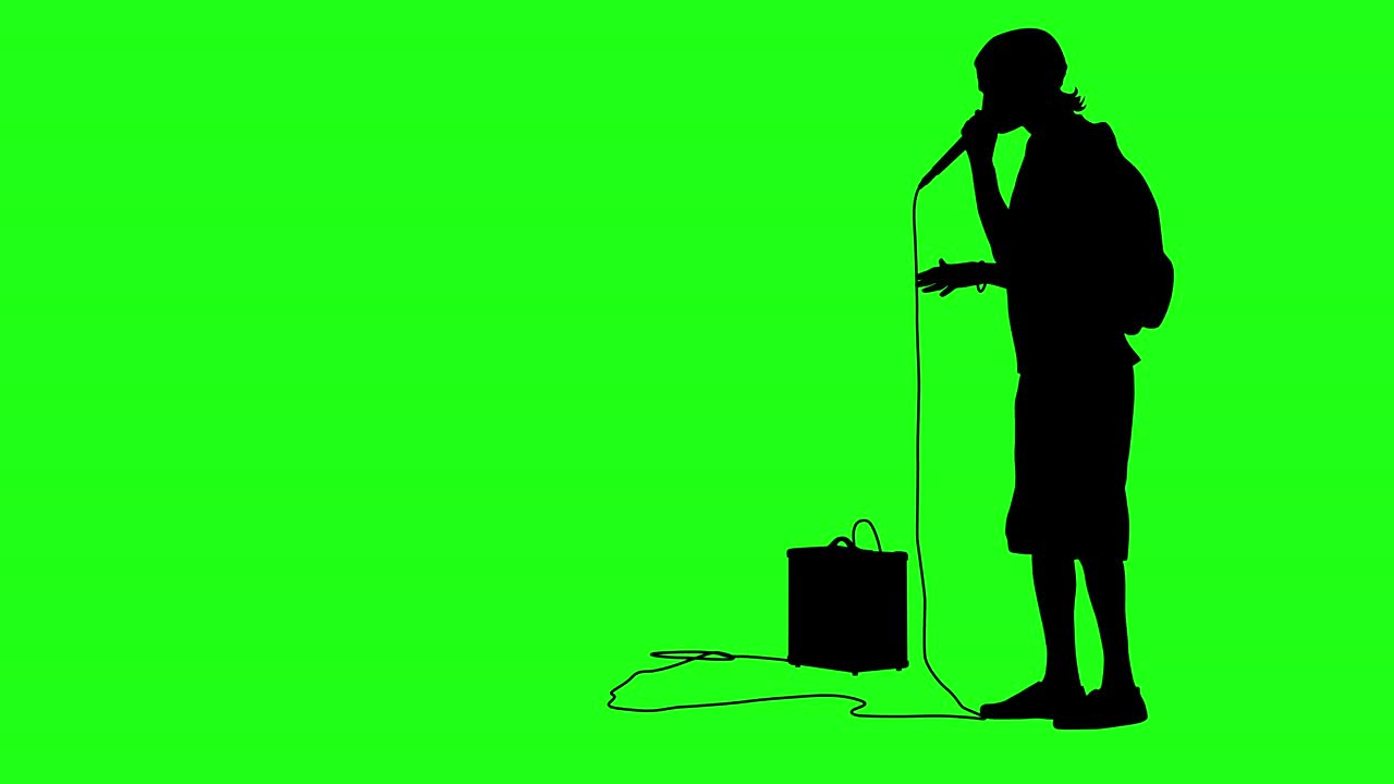 마이크를 들고 있는  비트박스의 실루, 녹색 스크린 배경, 4k 애니메이션