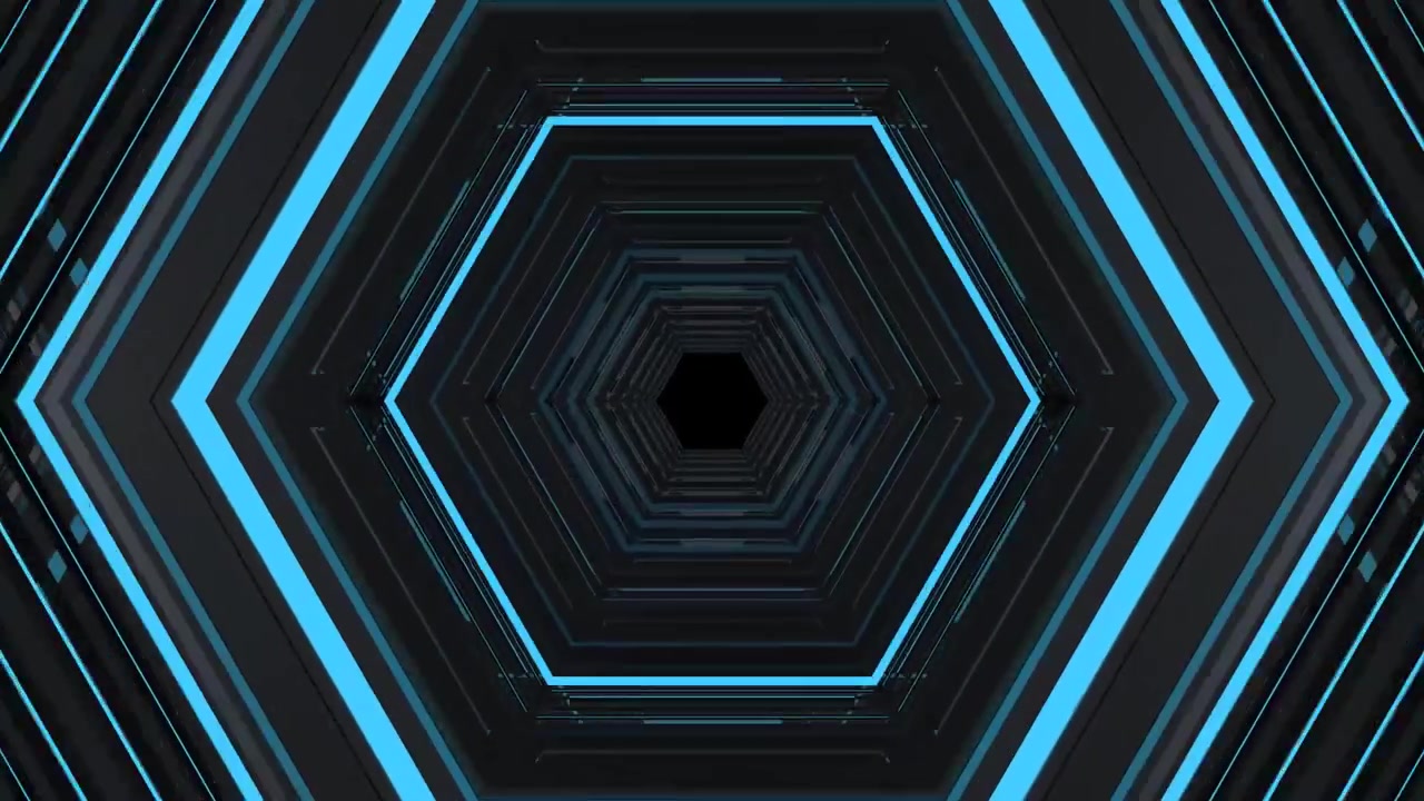 Abstract Tunnel with Glowing Blue Hexagonal Frames