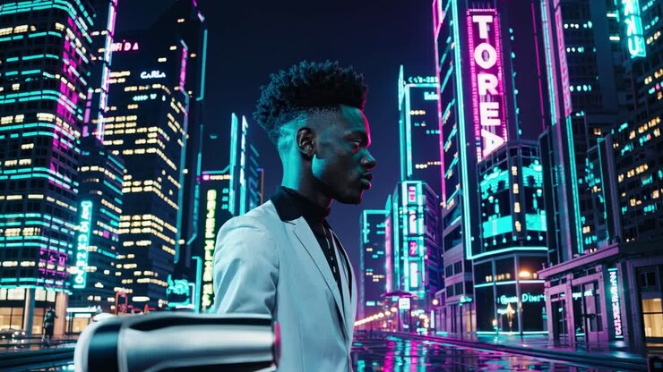 Stylish Man with Hair Dryer in Neon City