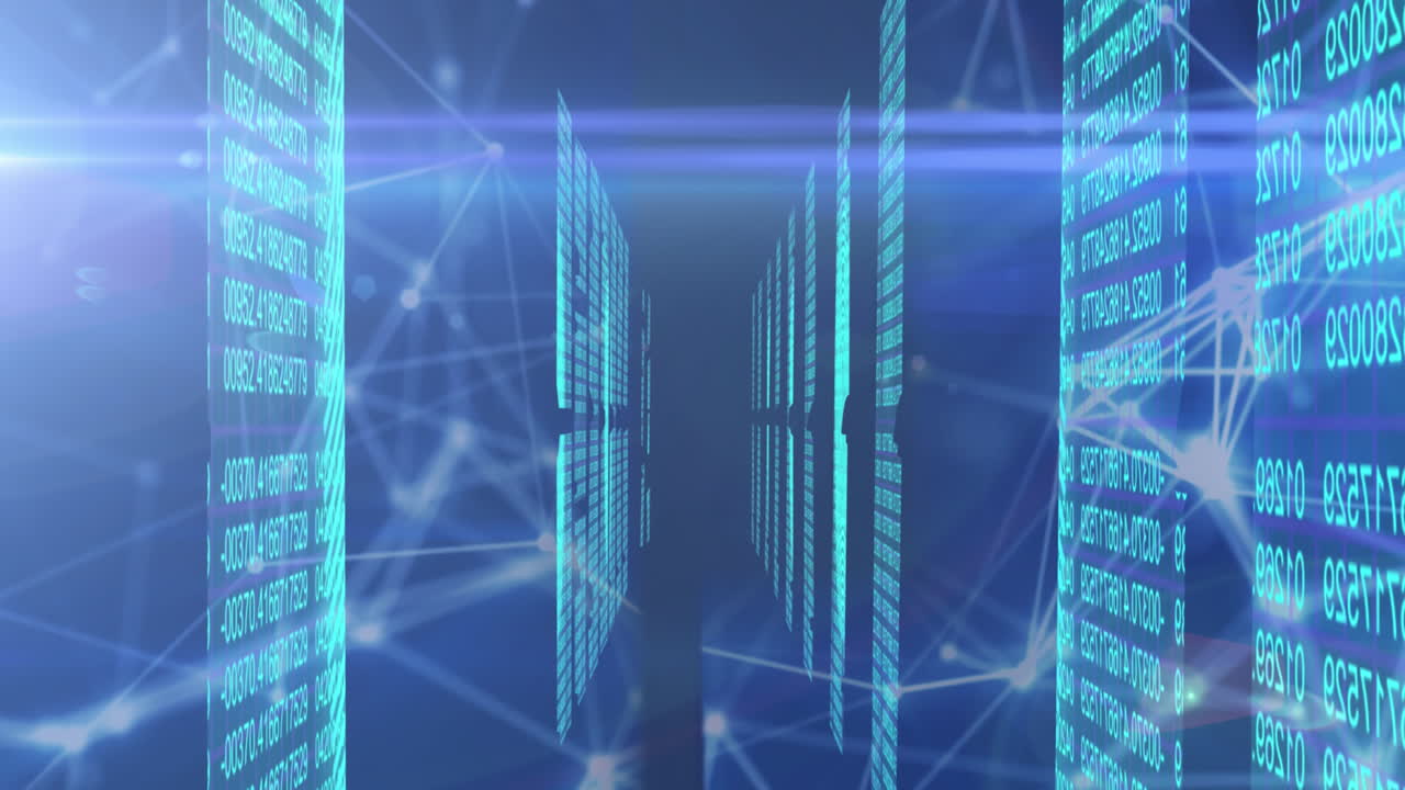 Animation of shapes moving and data processing over blue background