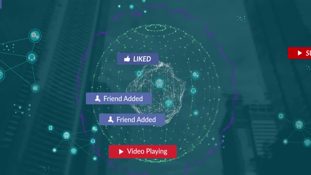 animación de barras y puntos de notificación que forman globos sobre vista de ángulo bajo de edificios modernos