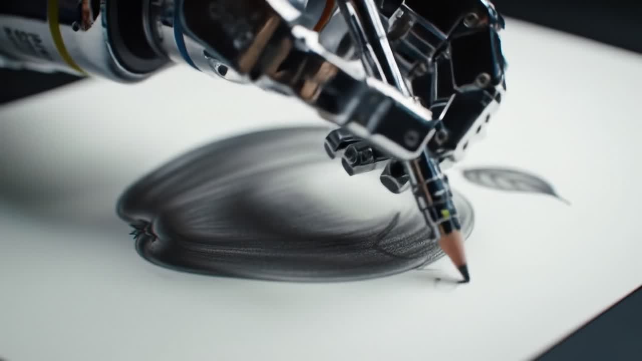 A Robotic Arm Skillfully Drawing a Realistic Apple on Paper, Showcasing Precision and Innovation in Artistic Expression Through Technology and Automation