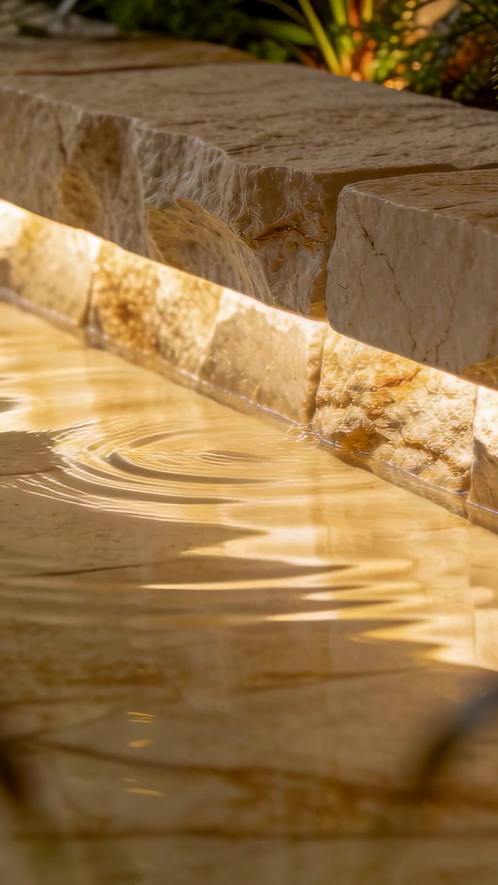 Video vertical: Gota cayendo sobre un remate de piedra, piscina poco profunda creando ondas concéntricas bajo luz LED cálida.